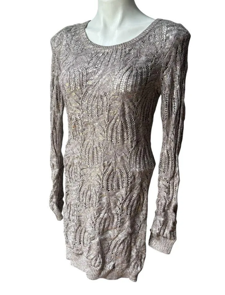 NWT, INC Coated Gold Metallic Cable Knit Crew Neck Sweater Dress or Tunic, Sz M Size M - Image 4