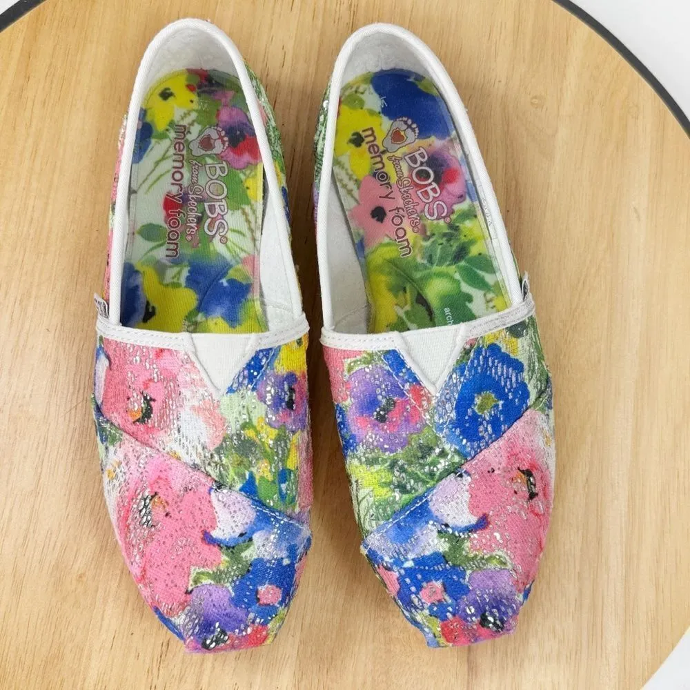 BOBS by Skechers Colorful Floral Mesh Sequin Slip On Flats Shoes Multicolor 6 Pink - Image 10