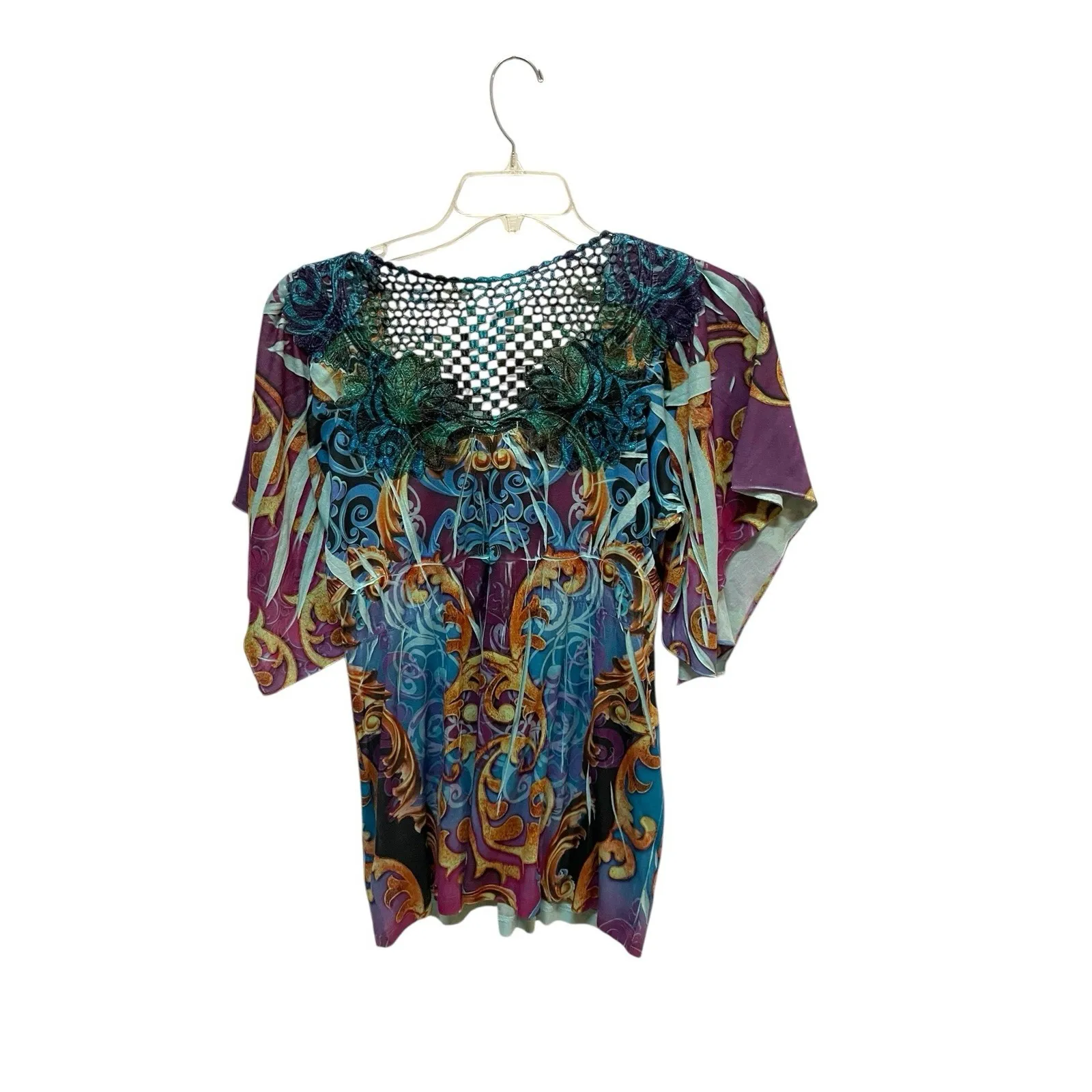 Live & Let Live PXL Boho Tunic Top Crochet Lace Y2K Purple Teal - Image 7