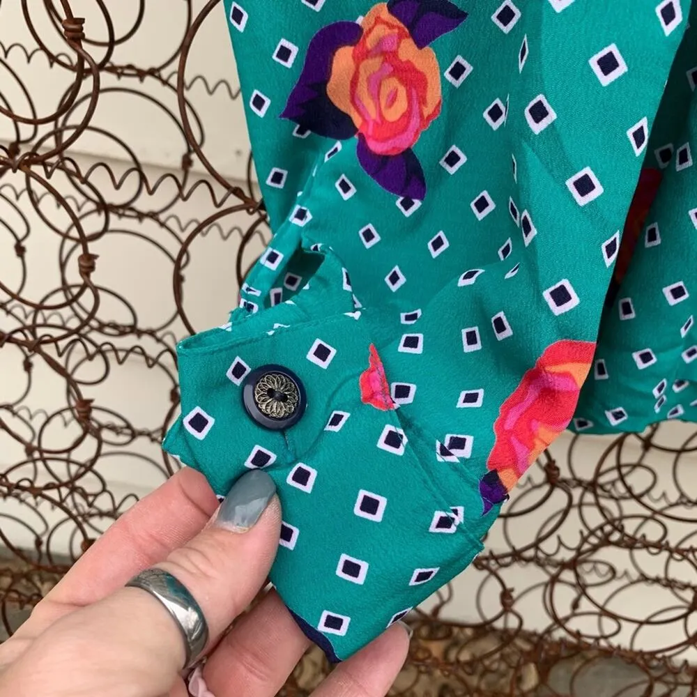 Vintage teal diamond dot rose button down long sleeve secretary blouse Size L - Image 3