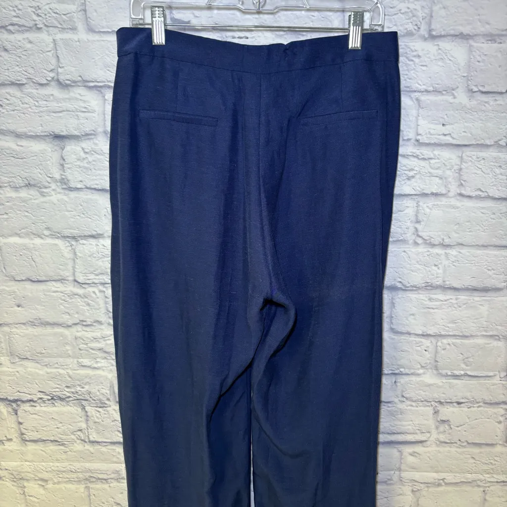 Sezane Trousers Womens 42 Blue Wide Leg High Rise Cuffed Career Linen Blend FLAW - Image 3