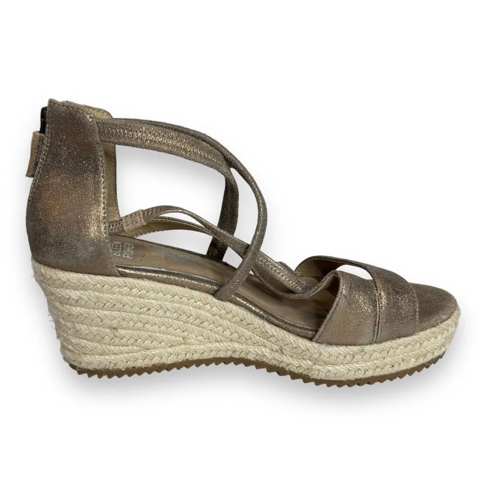 Eileen Fisher Wanda Espadrille Wedge Sandal Metallic Leather Zip Women Size 6‎ - Image 3