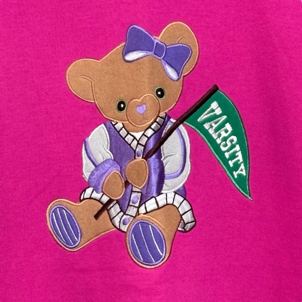 Vintage Deadstock Varsity Cheerleader Bear Sports Fuchsia Sweatshirt NWT Medium - Image 5
