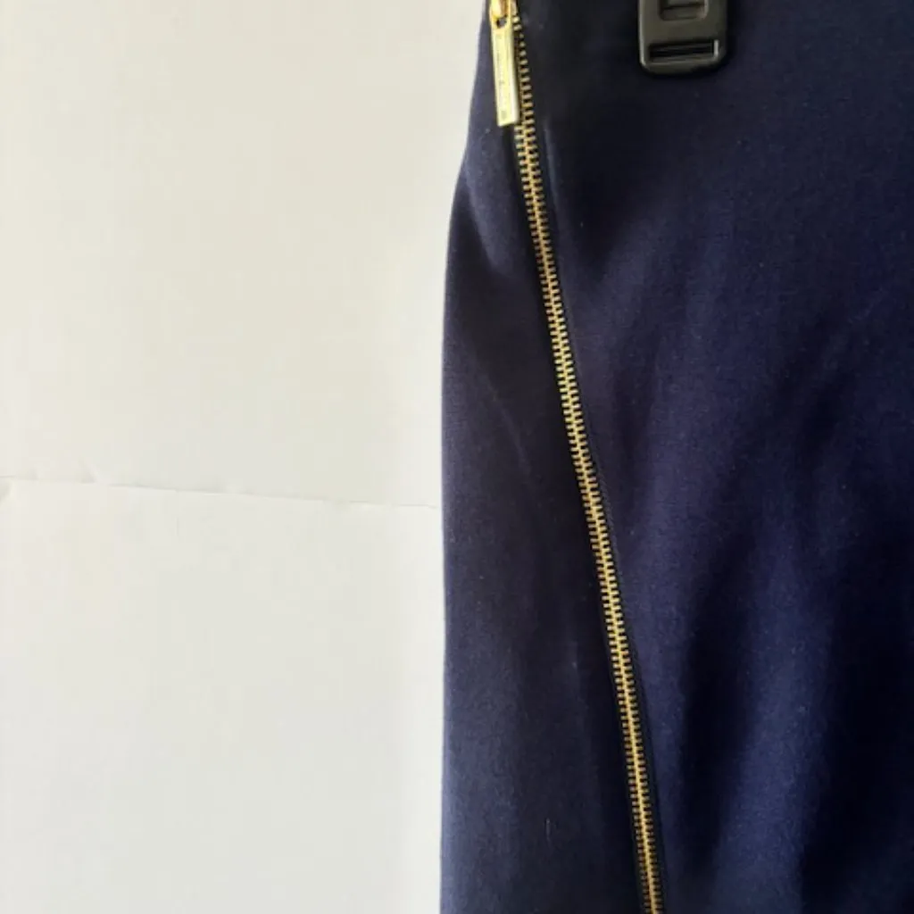 NWT MICHAEL KORS Women Front Gold Zip Knee Length Asymmetrical Skirt Blue Sz 10 - Image 3