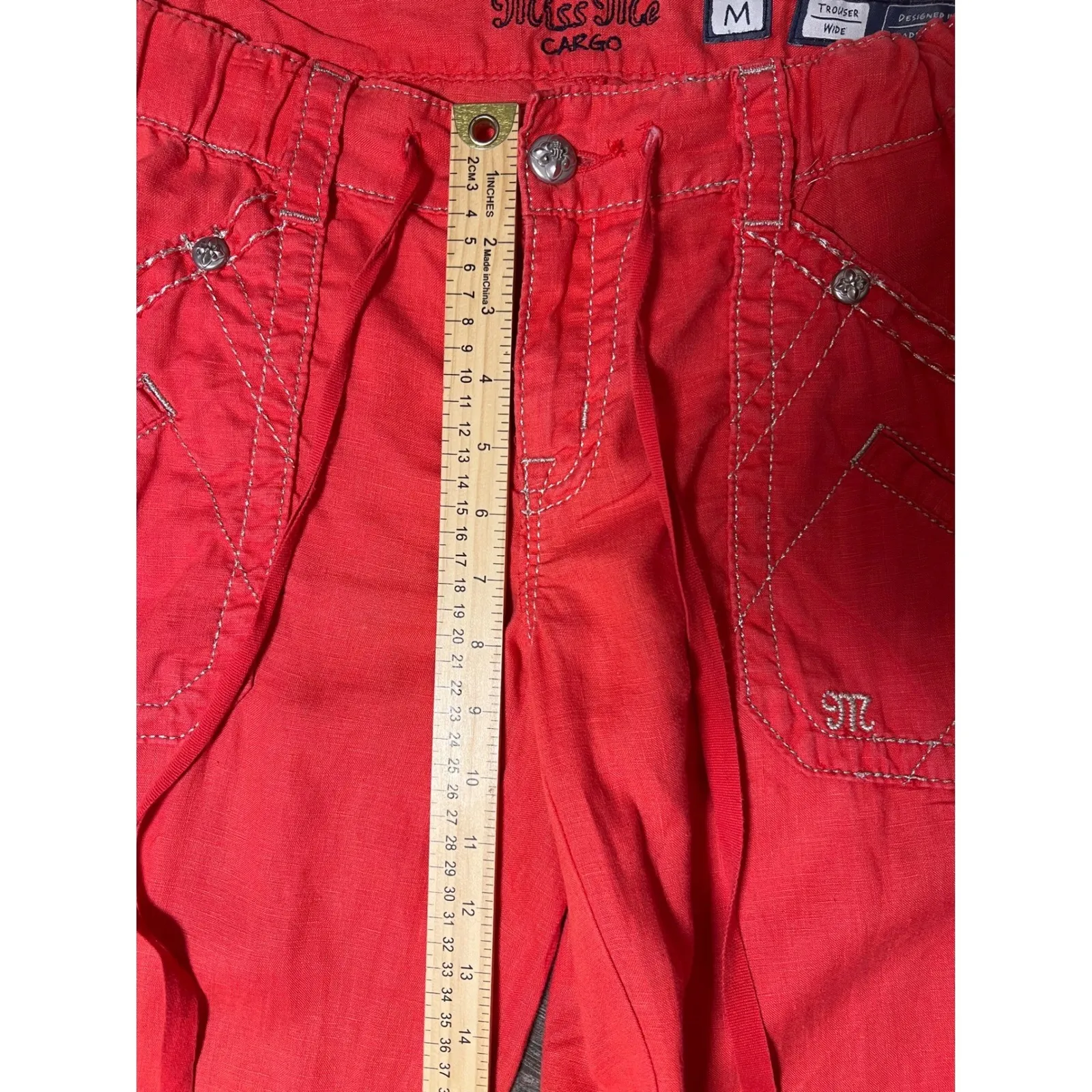 Miss Me Cargo Pants Trouser Medium Red 100% Linen Wide Leg BLING Boho Y2K TALL - Image 7