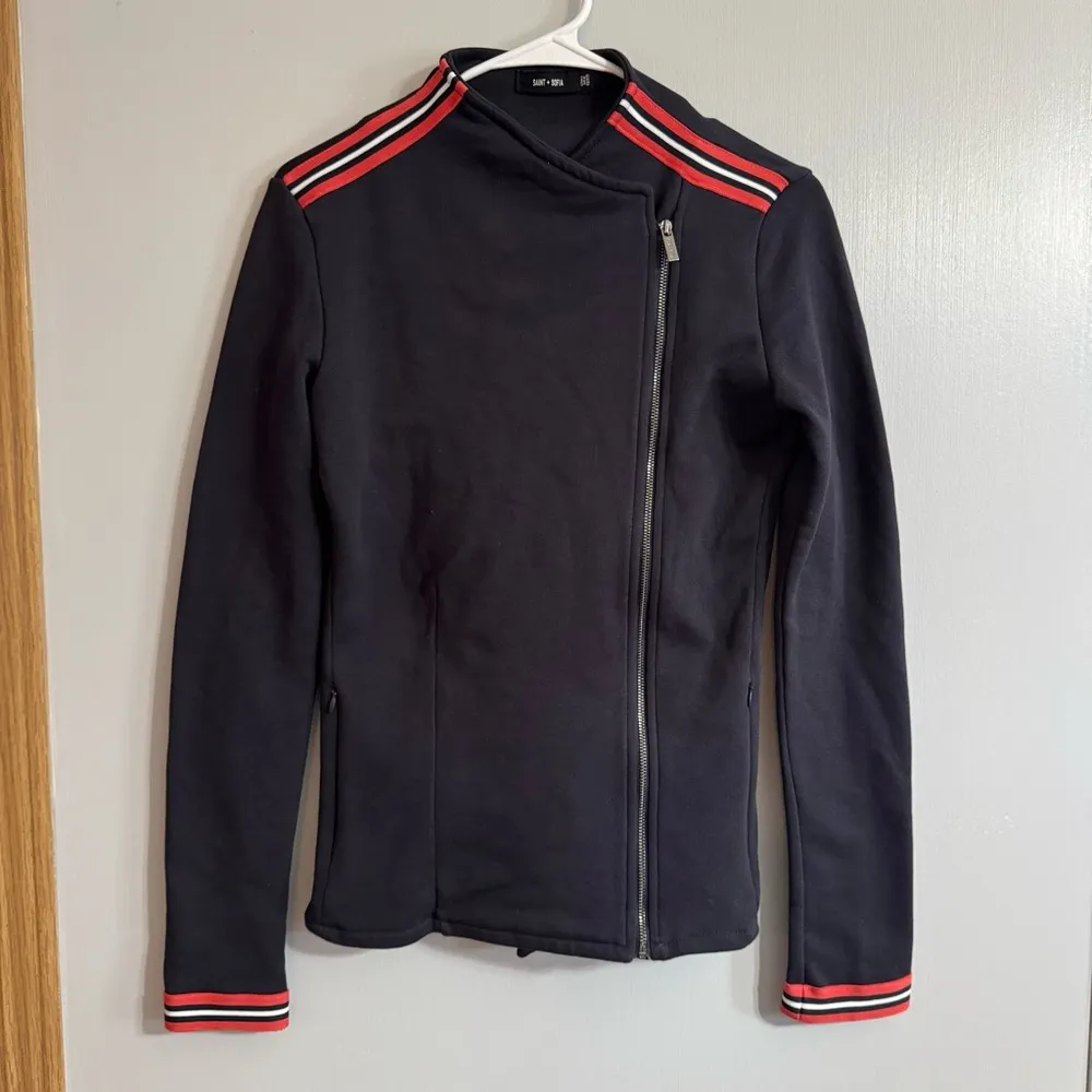 Saint + Sofia Cotton Biker Jacket in Navy Blue Size 2 - Image 2