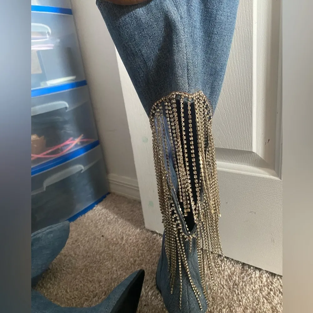 DENIM HEELED BOOTS RHINESTONES HEART CUT OUT DOLLS KILL SZ 8 1/2 WOMEN - Image 5