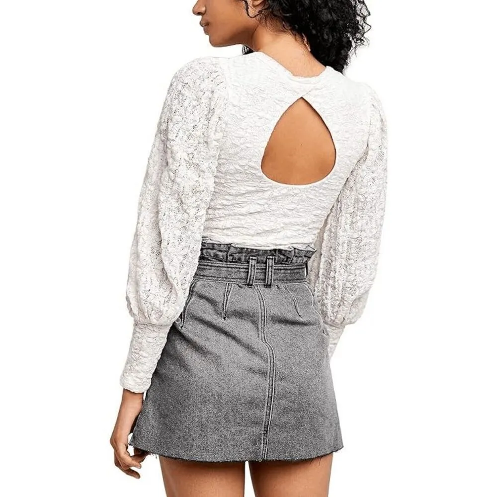 Free‎ People Jasmine Tea Time Long Puff Lace Sleeve Open Back Top Ivory Medium - Image 8
