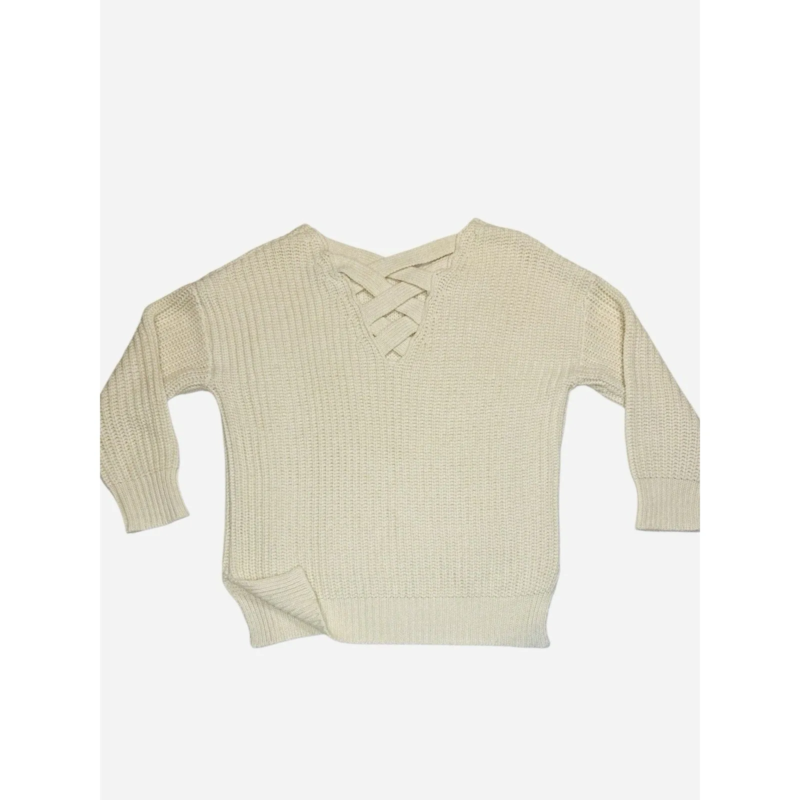 Skies Are Blue Small Oatmeal Sweater Criss Cross Back Chunky‎ Knit Cozy Casual - Image 3