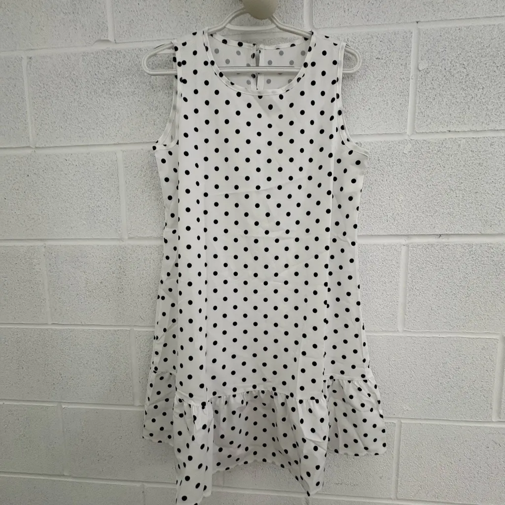 White Polka Dot Sleeveless Dress with ruffle bottom. Sm - Image 2