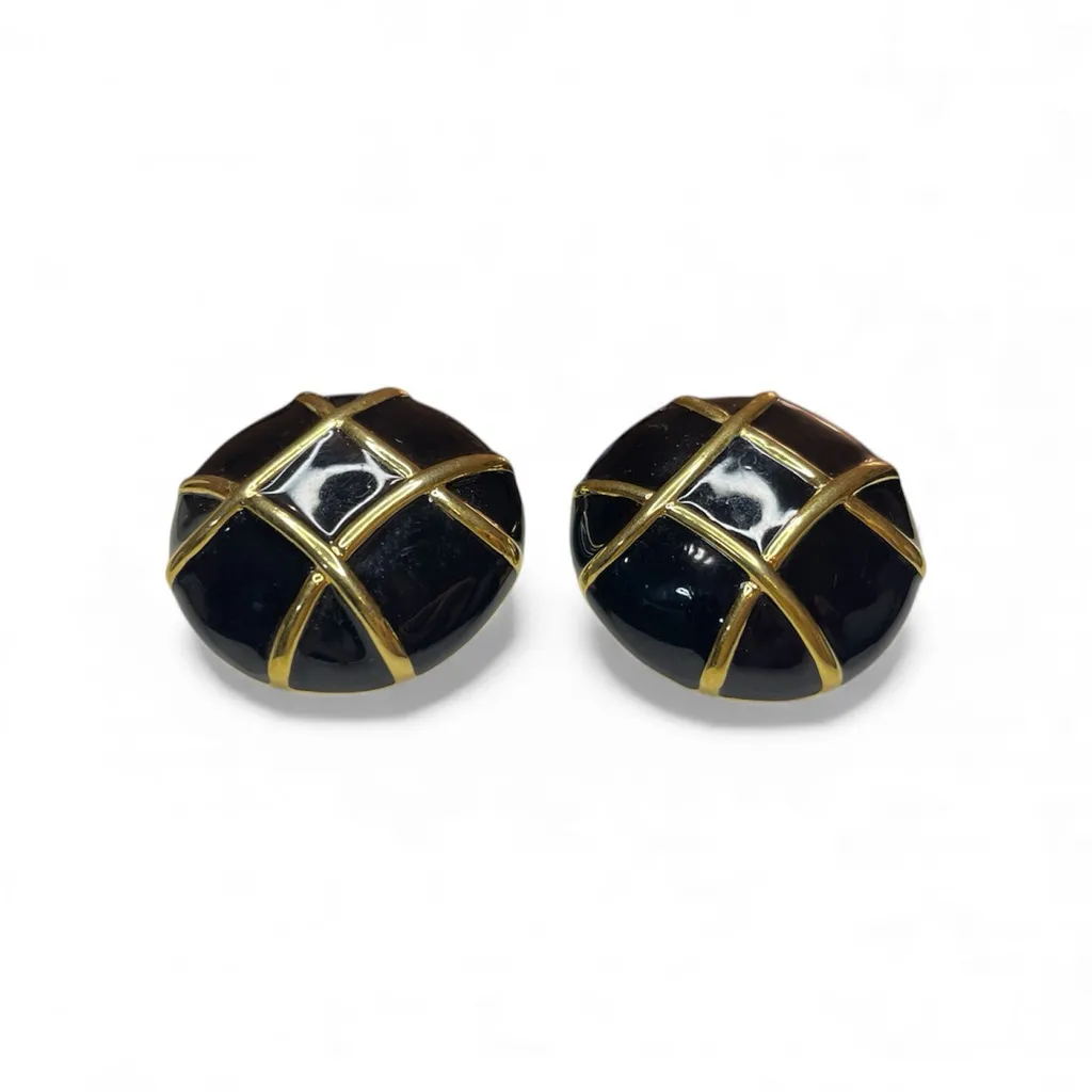 Vintage Courreges Paris Black Enamel And Gold Tone Earrings Clip On - Image 3