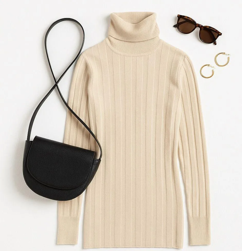 Derek Lam Wide Rib Cashmere Turtleneck Sweater Ivory Oatmeal As Seen on TV EUC - Image 2