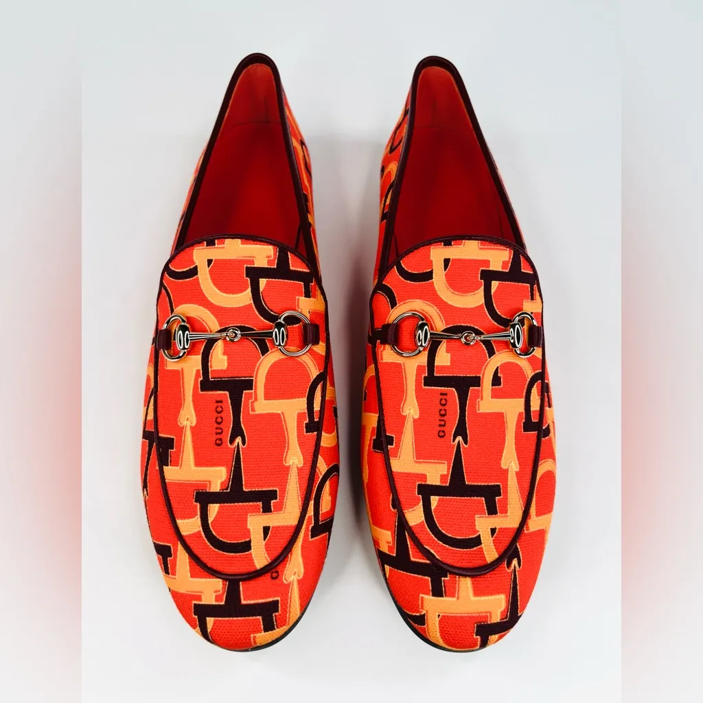 Gucci Jordaan Horsebit Logo Print Orange Fabric Flat Barbie Loafers Size EU 38 - Image 8