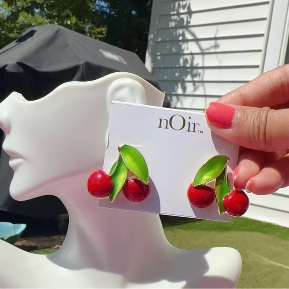 Noir Gold tone Red Cherry fruit stud Earrings - Image 2