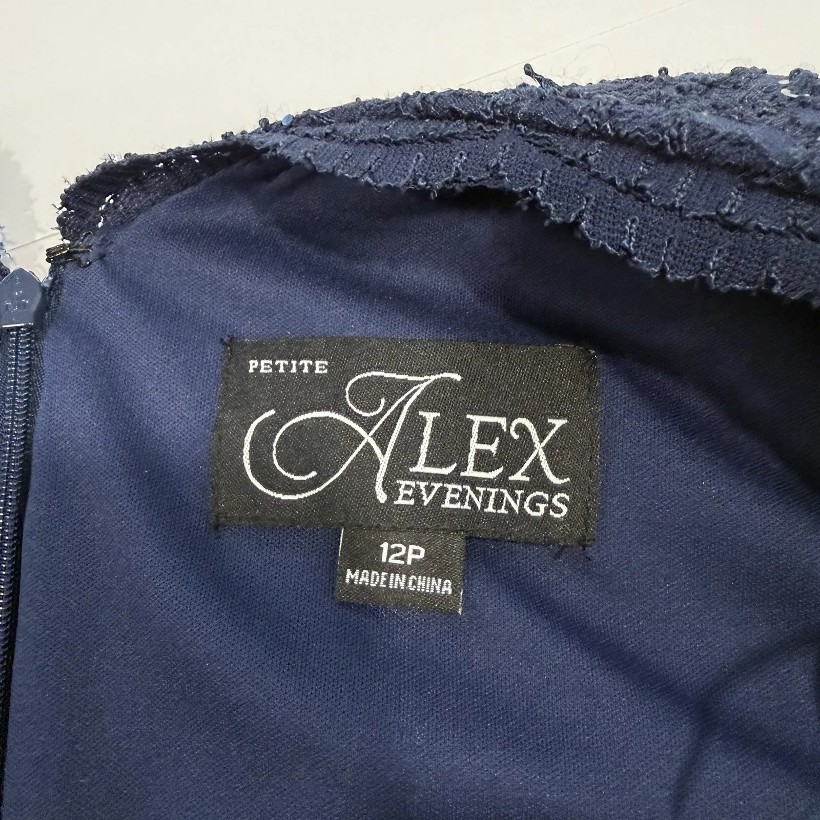 Alex Evening Navy Blue Sequin Lace Chiffon Midi Special Occasion Dress 12 PETITE - Image 12