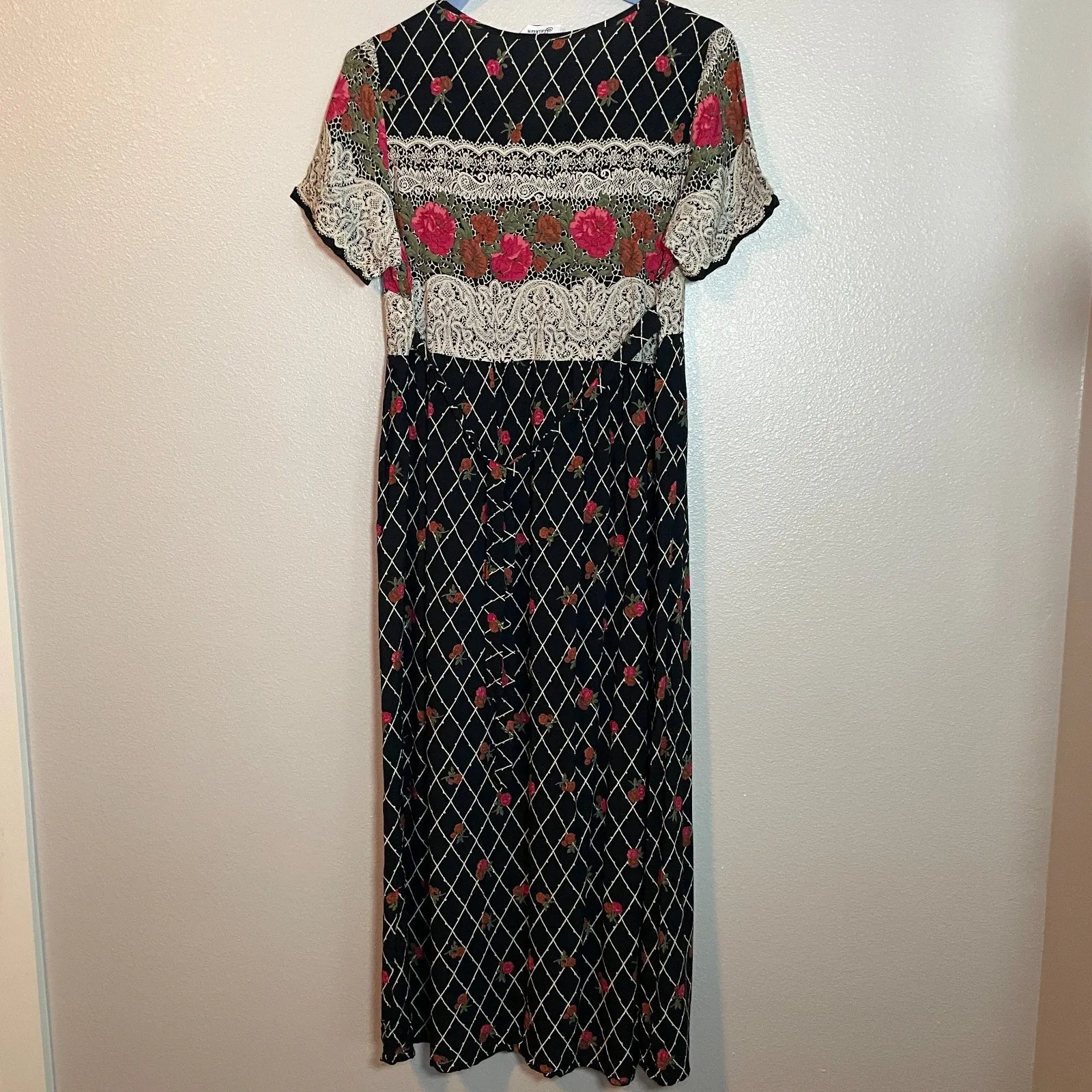 VTG 90s Y2K Marie Clare 10 Petite Floral 100% Rayon Midi Dress Cottagecore Black Size 10P - Image 7