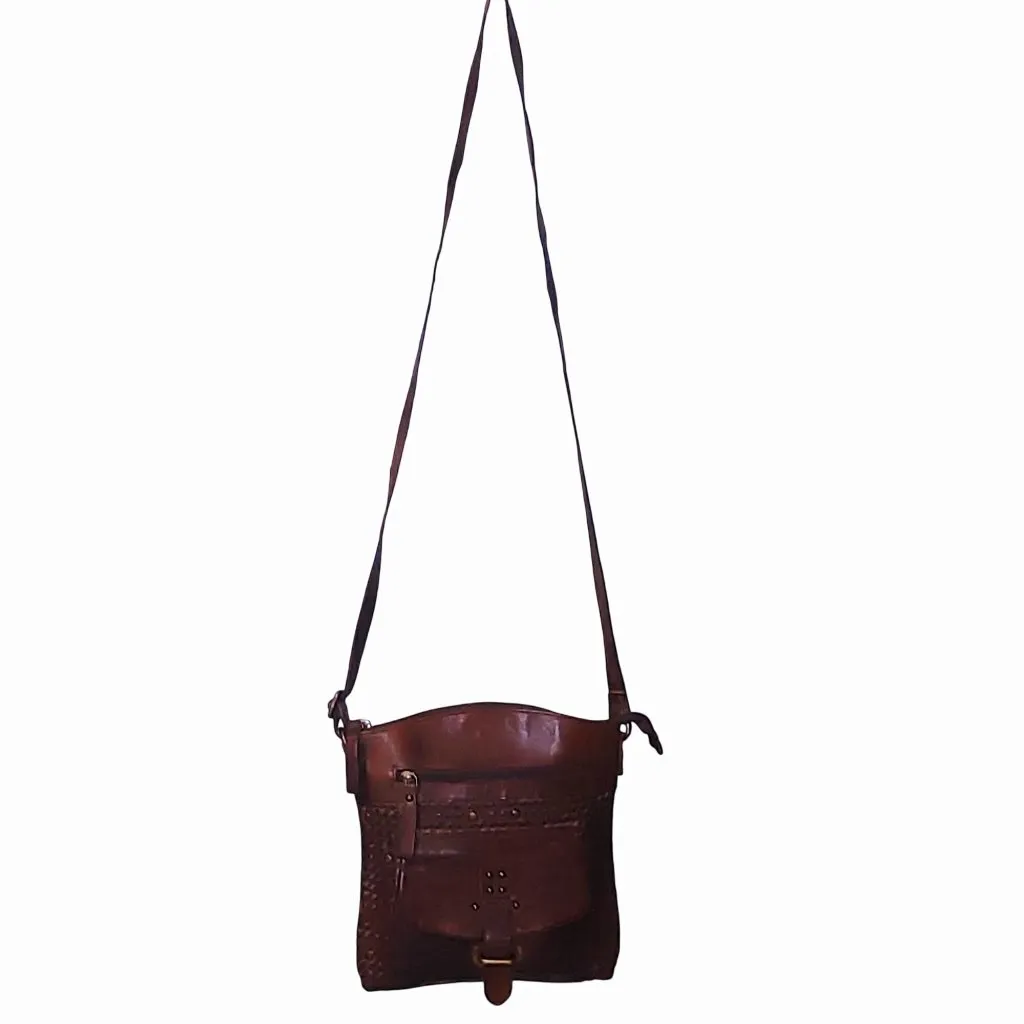 Brown Braided Leather Crossbody Bag Made India Adjustable Front Pocket Buckle - Image 14