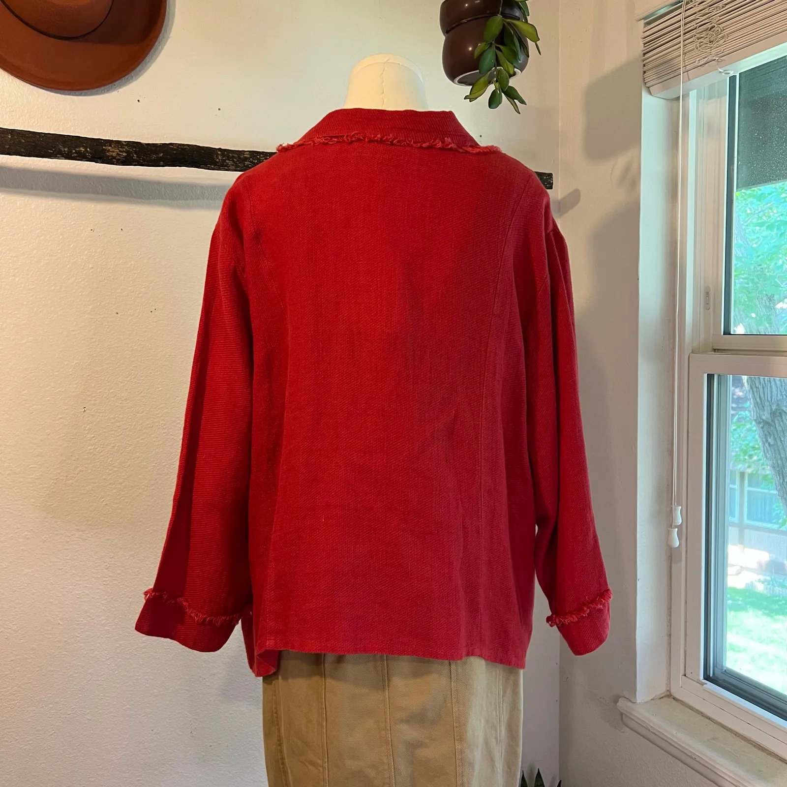 FLAX Red 100% Linen Textured Fringe Trim Oversized Button Front Jacket Size 1X - Image 4