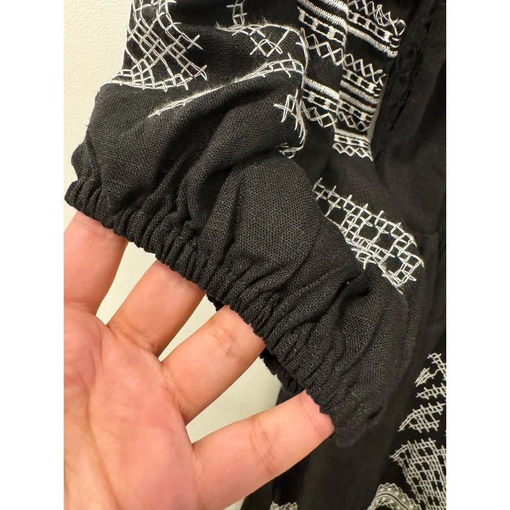 Strut & Bolt Black Linen Blend Embroidered 3/4 Sleeve Mini Small Dress Smocked - Image 4