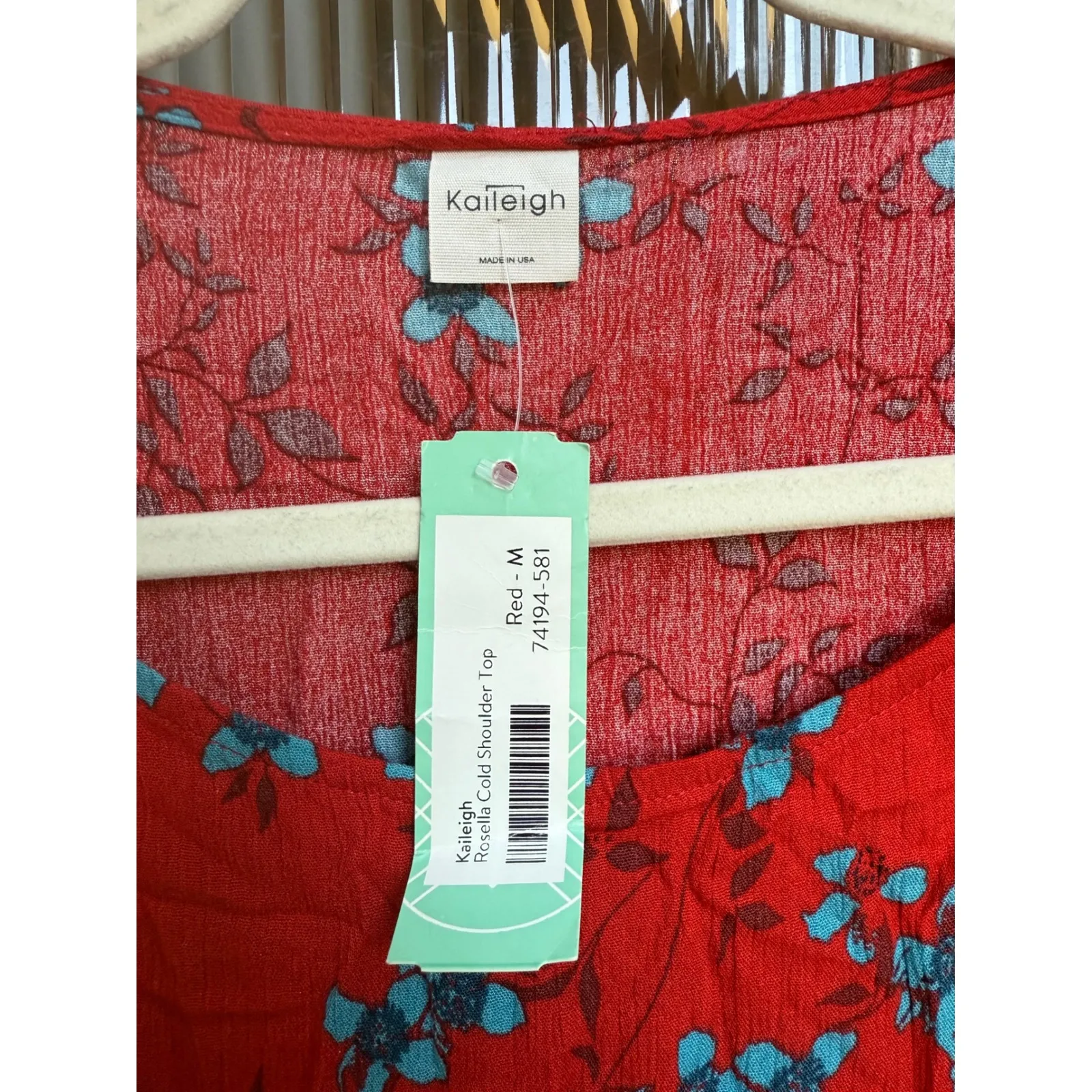 Kaileigh Roselia Cold Shoulder Top Red Tie Long‎ Sleeve Shirt Floral Size Medium - Image 5