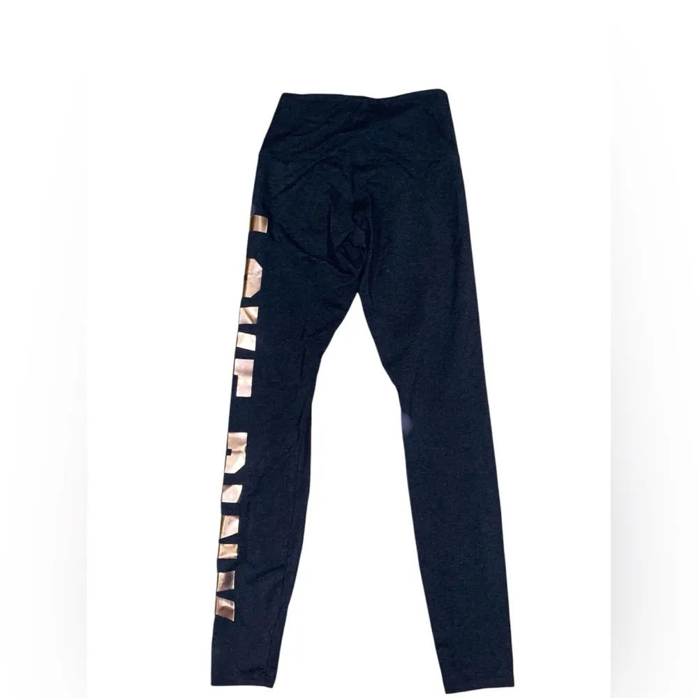 vs pink high waisted gray leggings with “love pink” in rose gold on leg - Image 3