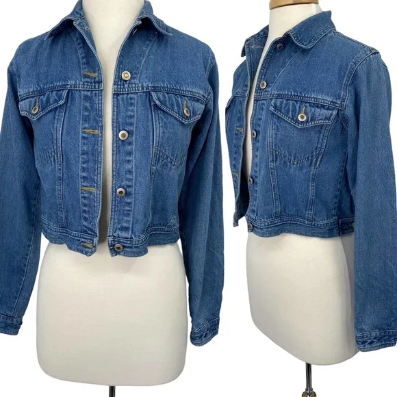Vintage 90s Highway Denim Jacket Blue Jean Cropped Rigid Cotton Womens Small - Image 2