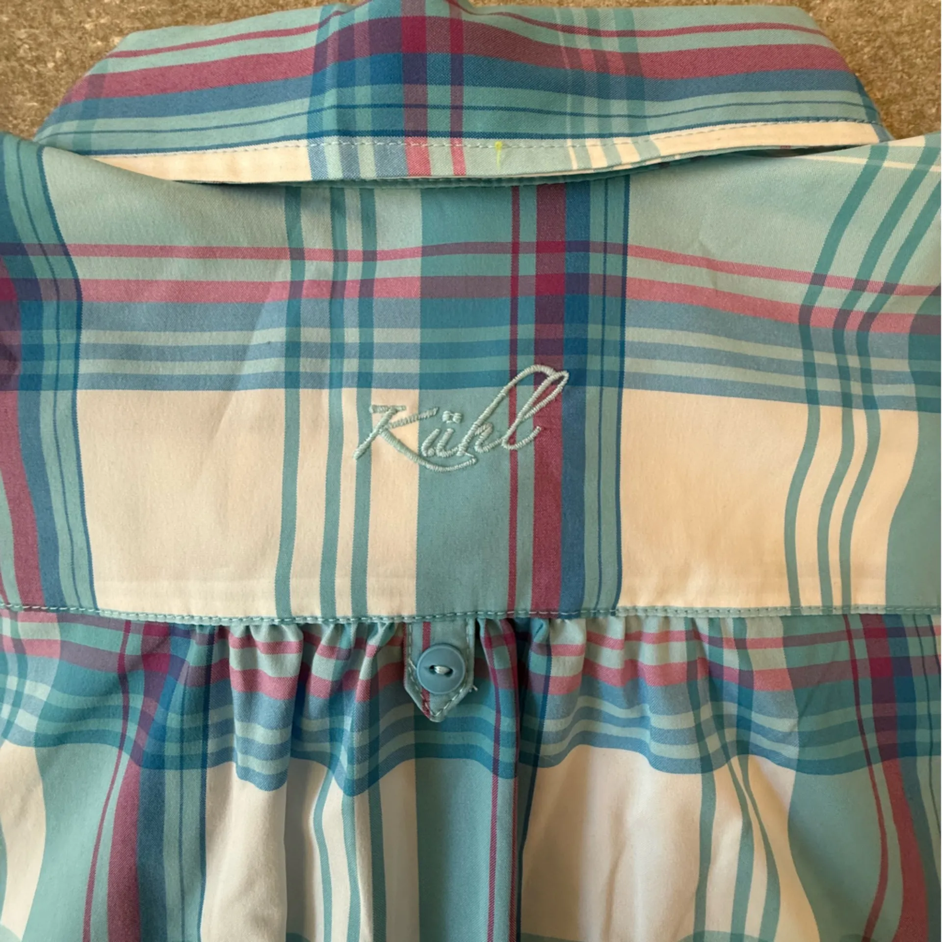 KUHL Women’s Plaid Button Up Short Sleeve Hiking Shirt Blue White Purple Medium - Image 11