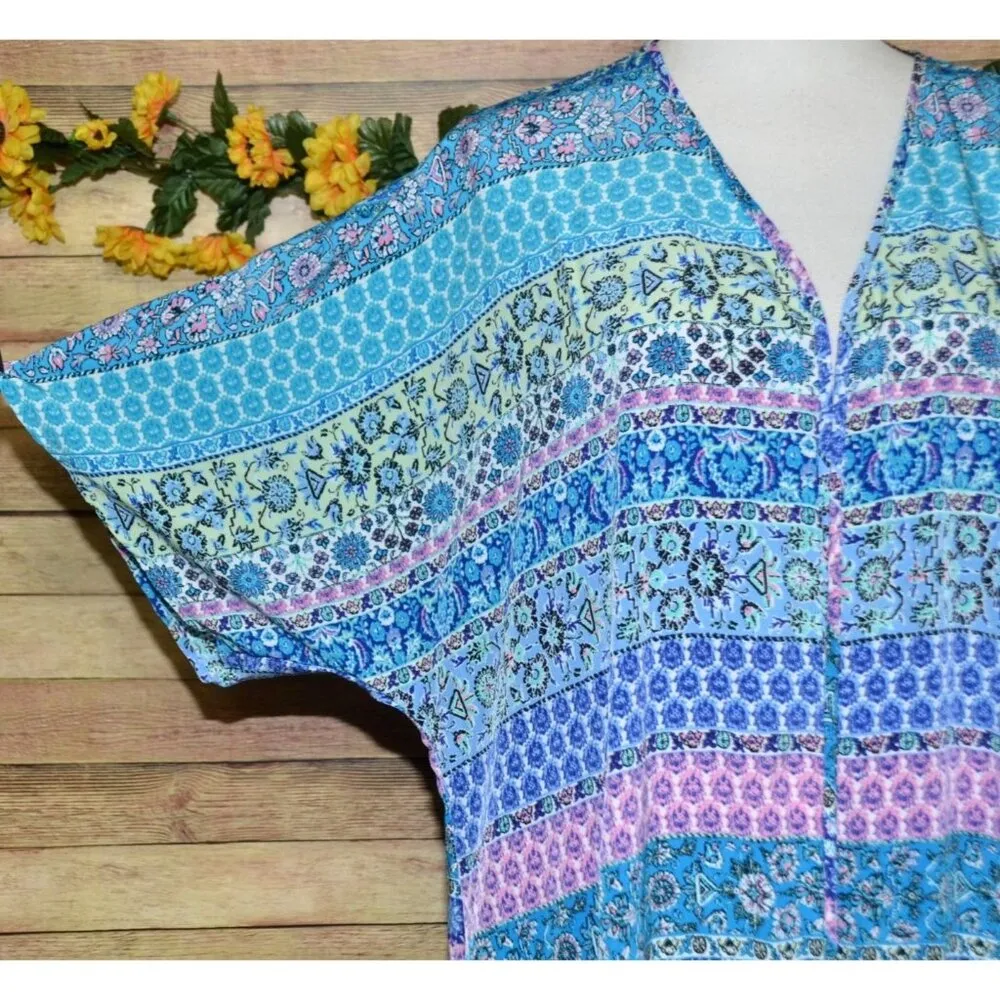 Liberty Love Blue Floral Cardigan Kimono Jacket Size L Long Fringe Festival Boho - Image 7
