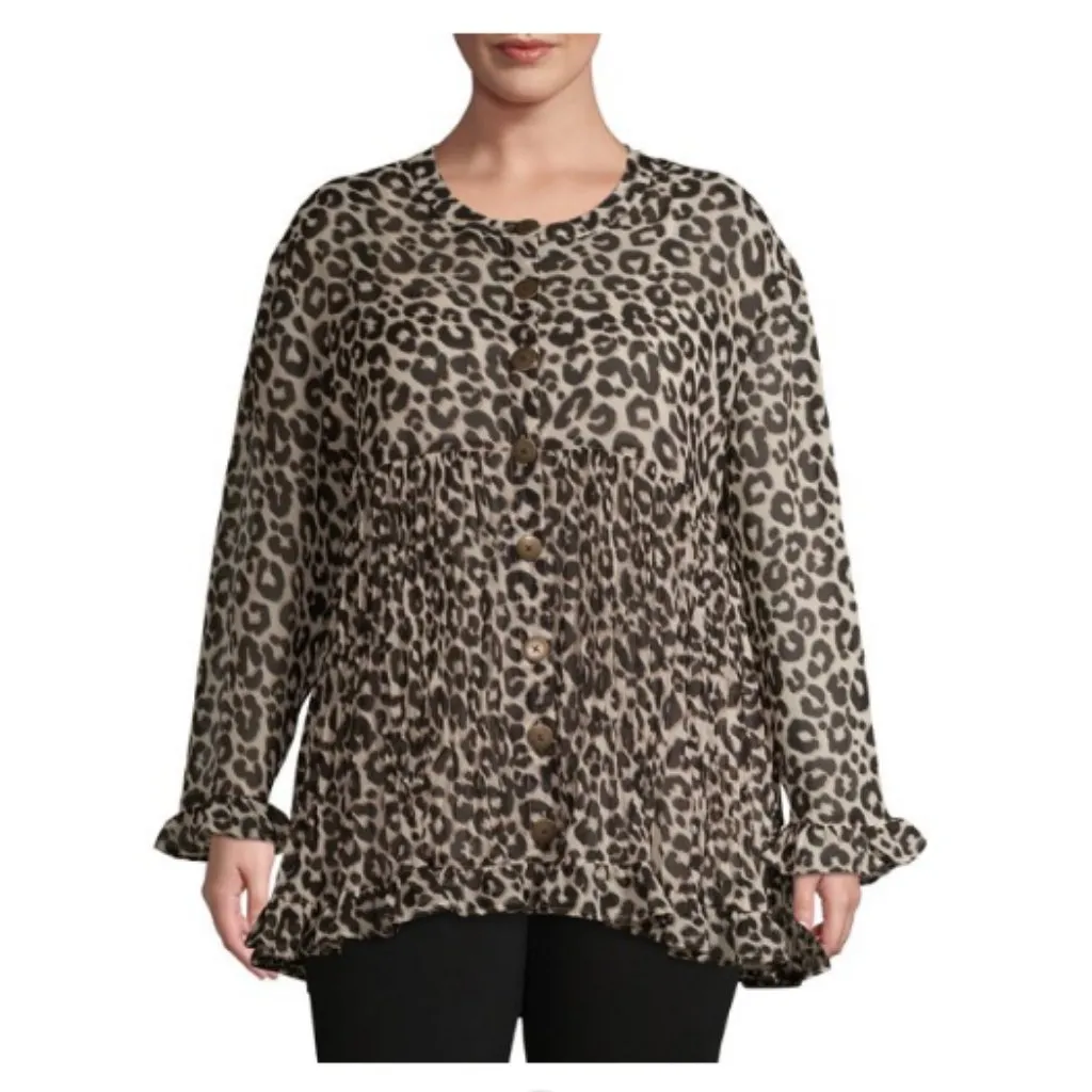 Leopard Ruffled Tunic Babydoll Top‎ Shirt PLUS Size 0X 14 Animal Print NWT NEW - Image 2