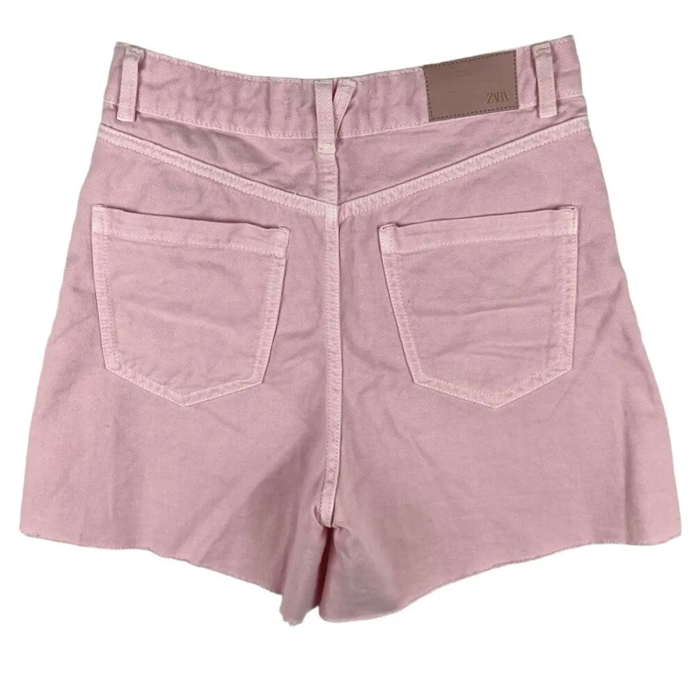 Zara Pink High Waist Wide Leg Raw Cut Hem Stretch Denim Jeans Shorts Size 2 - Image 2