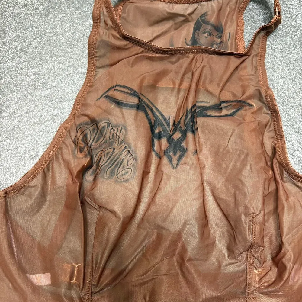 Savage X Fenty Tattooed Tricot Knit High Neck Bra Brown Sugar 32C Soto Girl Size undefined - Image 4