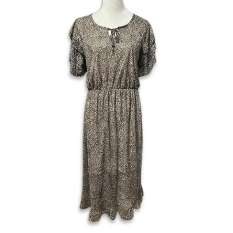 Bobeau Midi Dress Fit & Flare Spotted Flutter Sleeve Notch Brown Women's S NWOT - Image 2