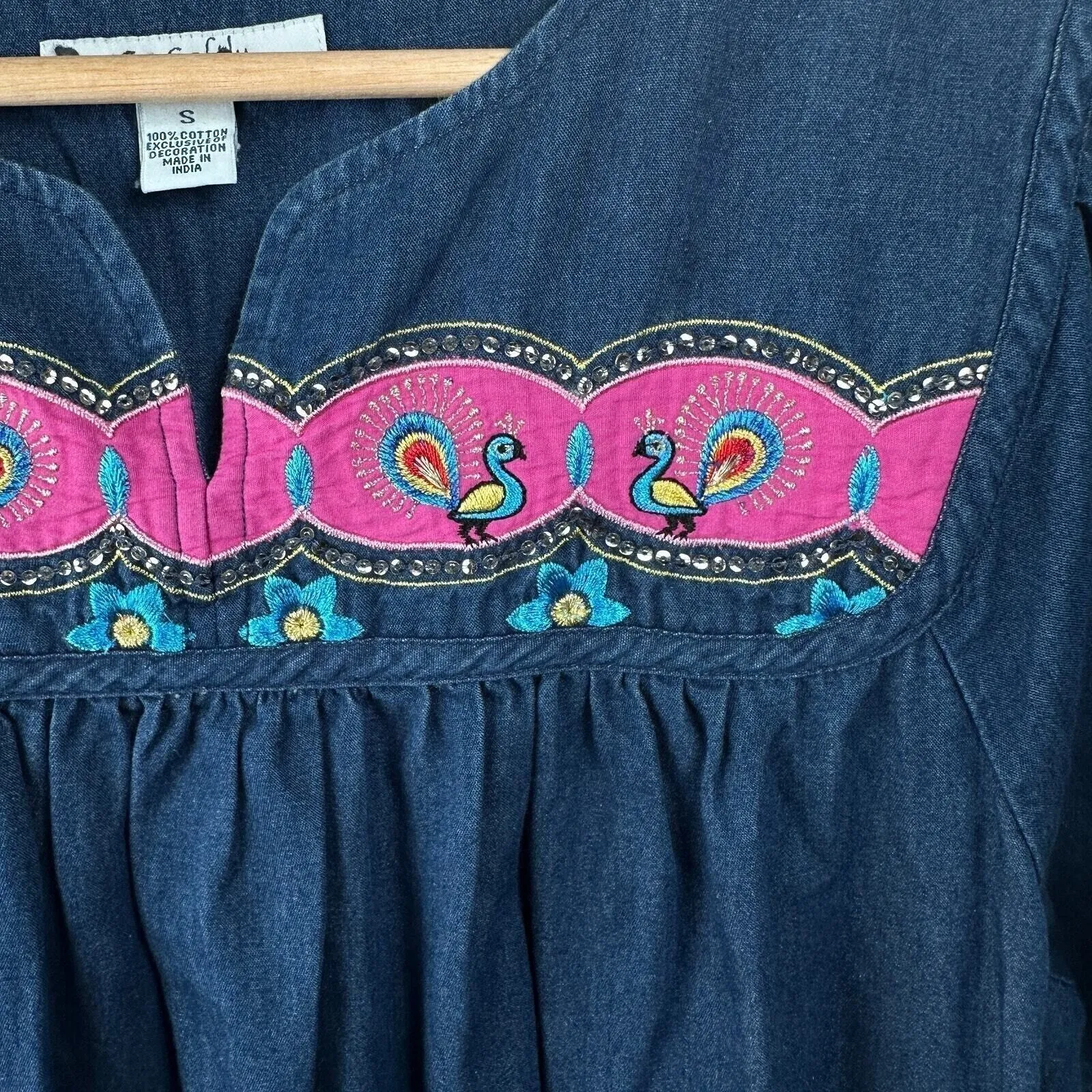 Go Softly Patio Embroidered Peacock Floral Denim Dress Size S Cotton Grandmacore Blue - Image 4