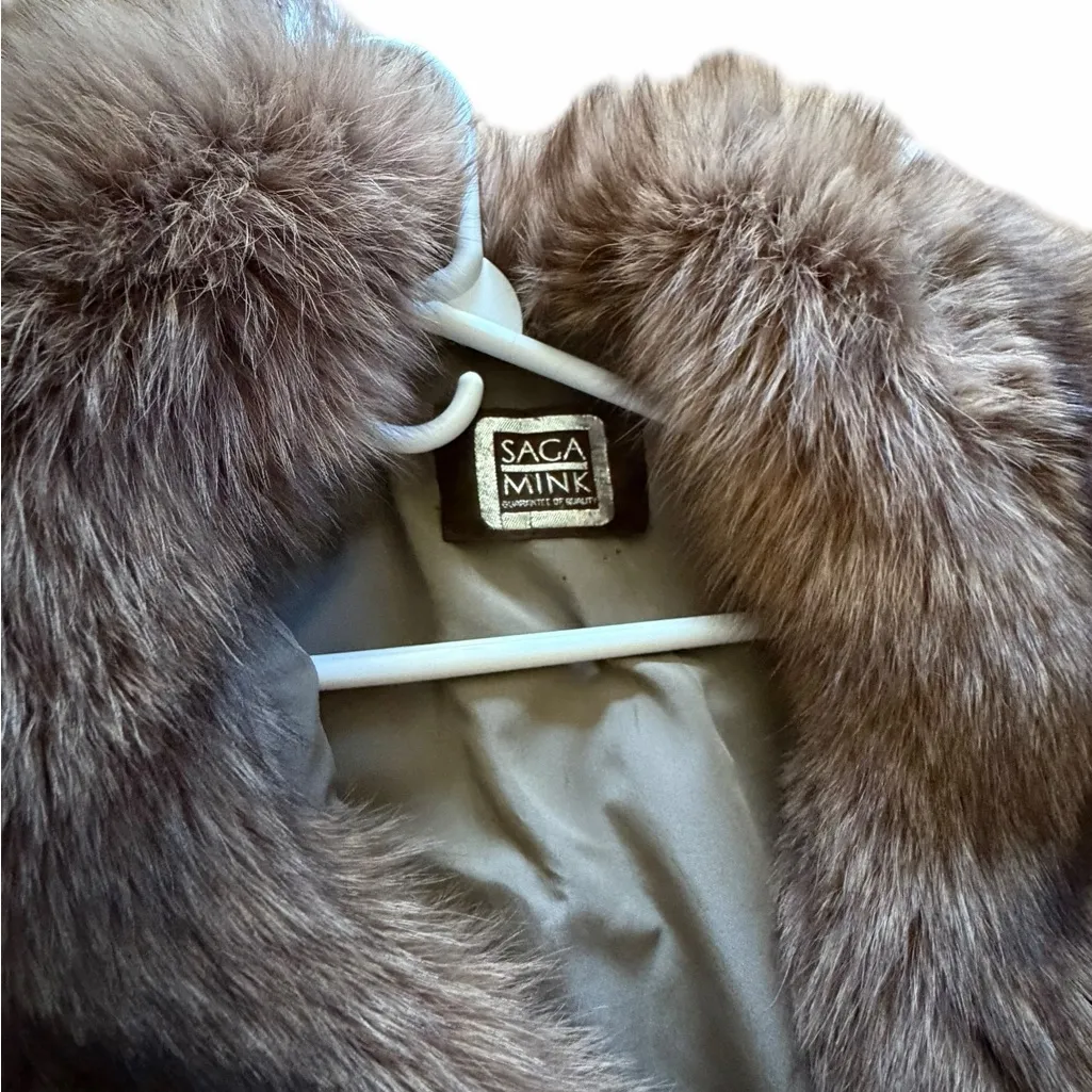 RARE Authentic SAGA Mink Fur Long Coat Camel Brown Herringbone SAGA Fox Trim M Size M - Image 7