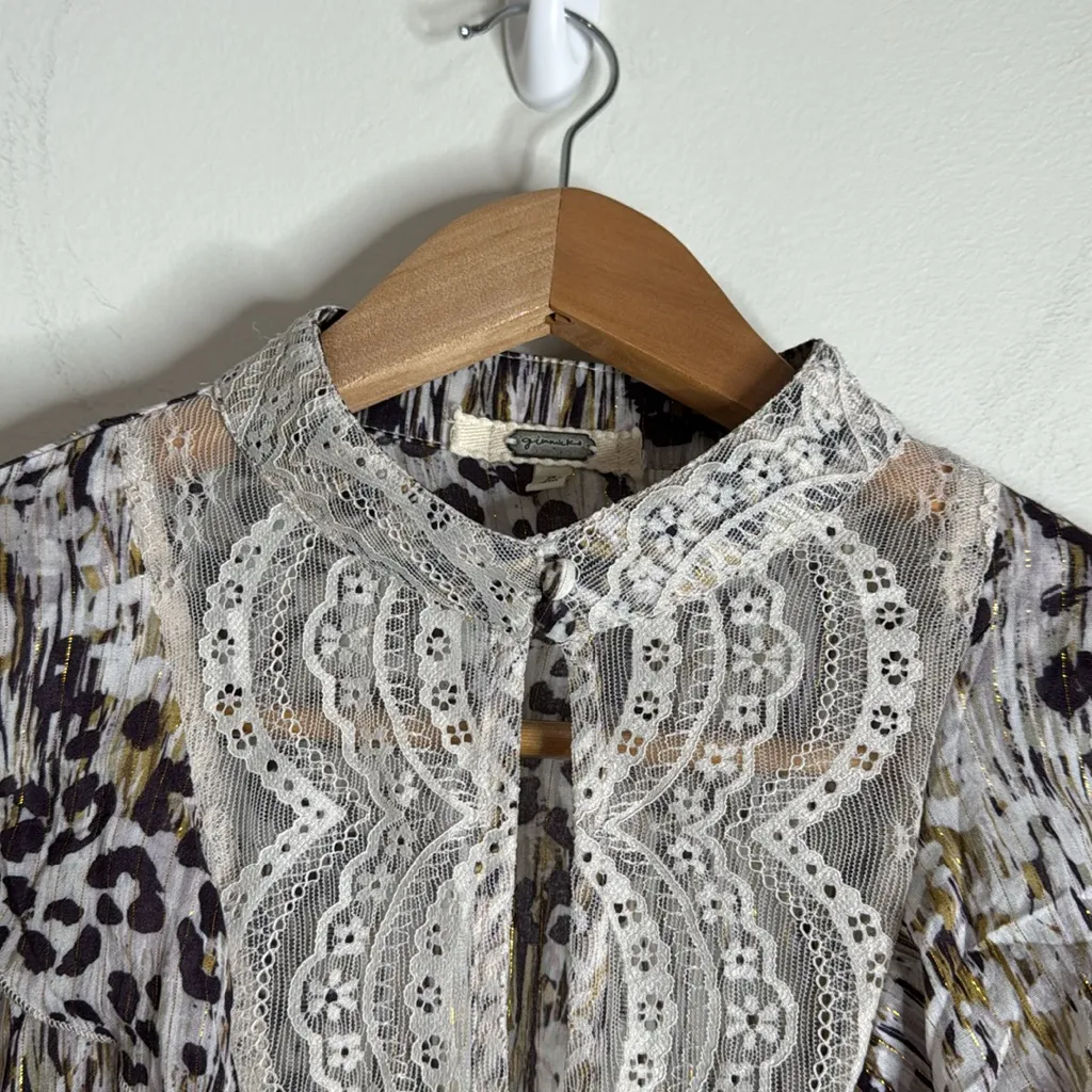 Gimmicks Women’s Animal Print Mock Neck Ruffle Lace Trim Sheer Top Blouse size S Brown - Image 6