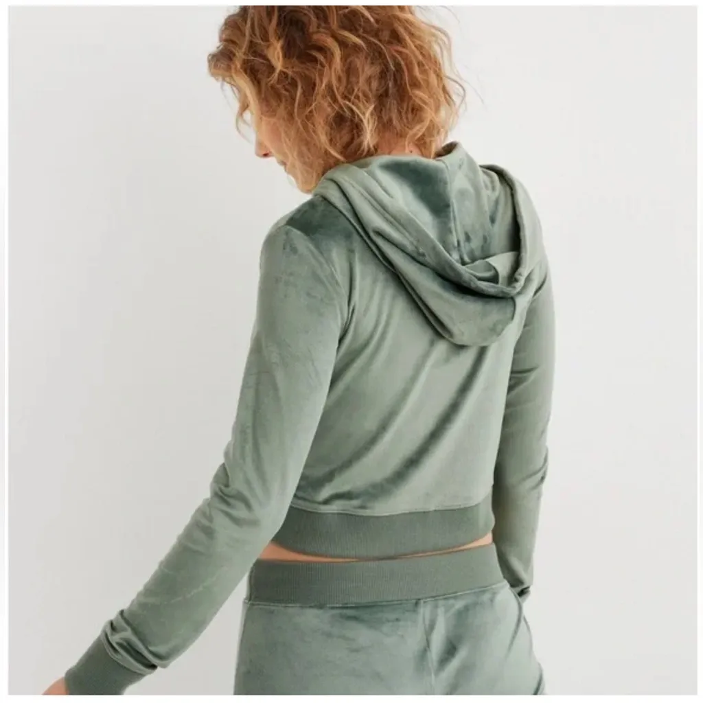 AERIE Dreamy Velour Cropped Hoodie green Size XL - Image 2