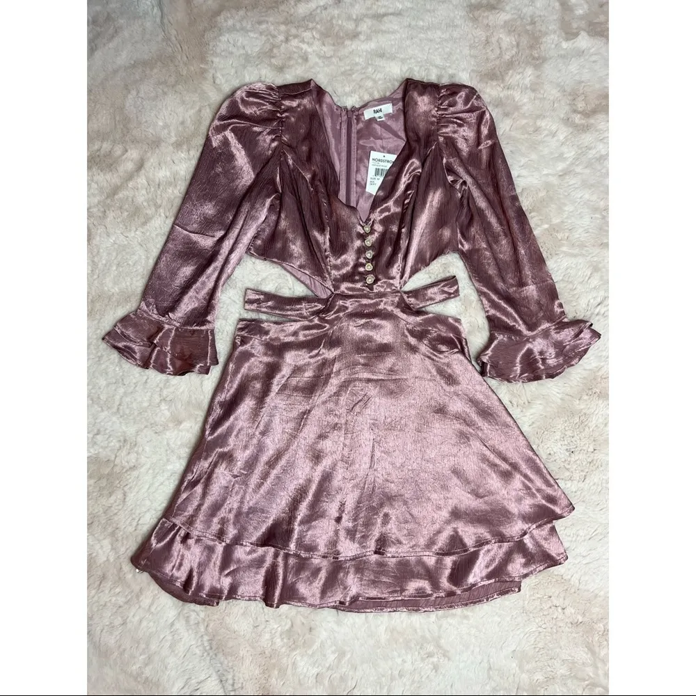 Rahi Metallic Pink Rose Cut Out Satin Mini Dress Ruffle Sleeve Size Medium - Image 8