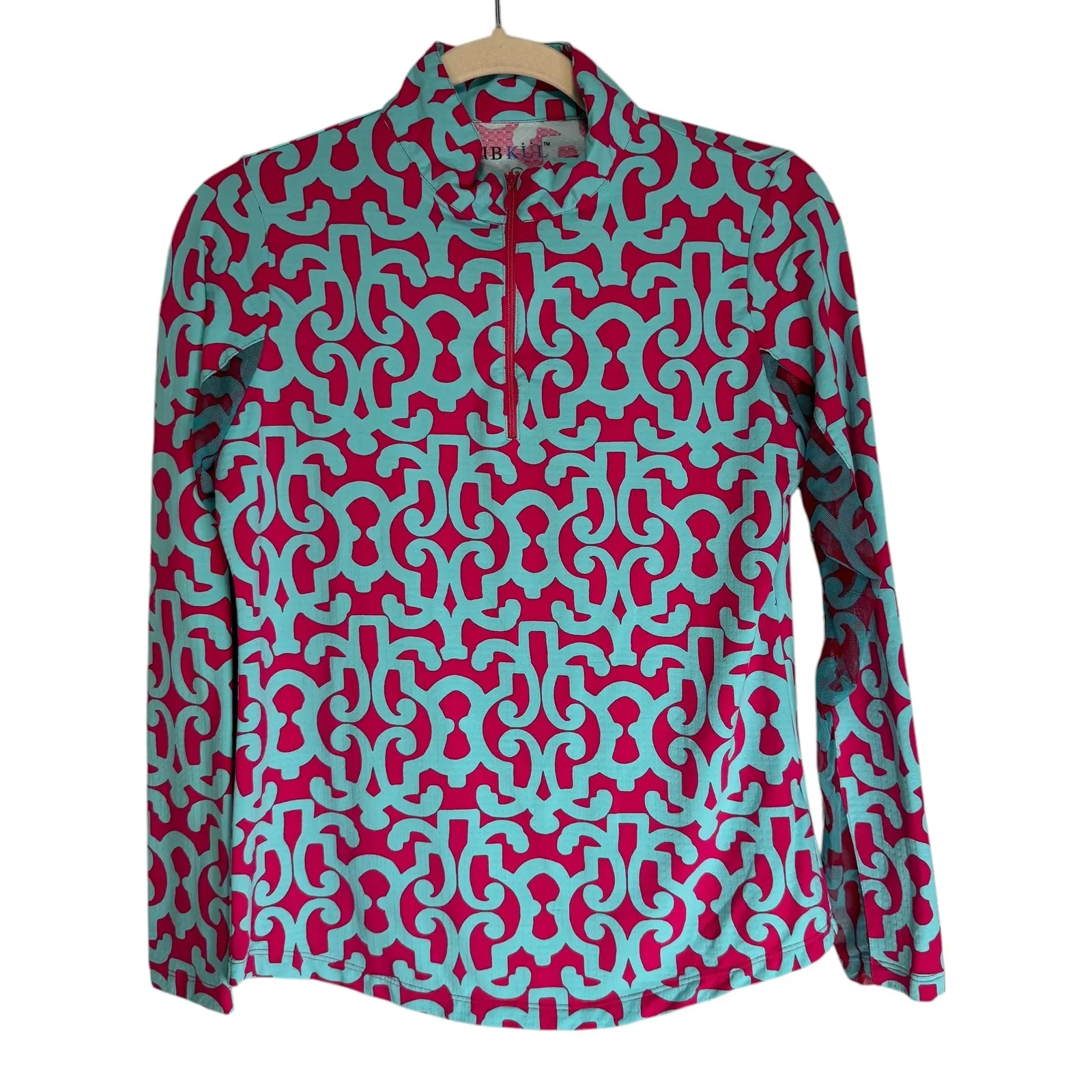 IBKUL Womens Size S Quarter Zip Long Sleeve Golf Sun Shirt Top Patterned Pink - Image 7