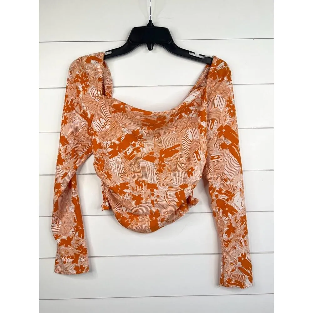 Open Edit Orange White Cowl Neck Long Sleeve Top XXS Smocked Back - Image 2