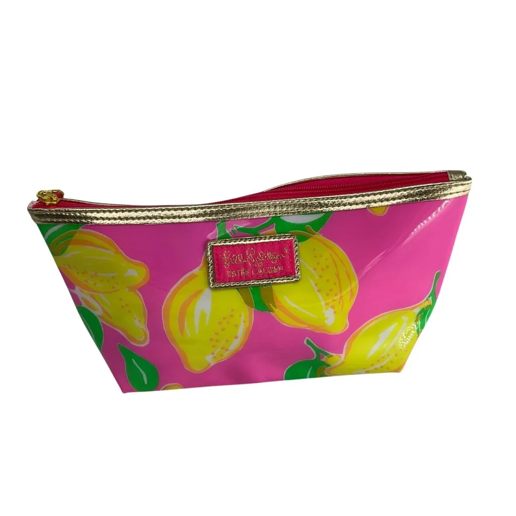 Lilly Pulitzer Estée Lauder Lemon Print Pink Cosmetic Bag Gold Trim & Zipper - Image 2