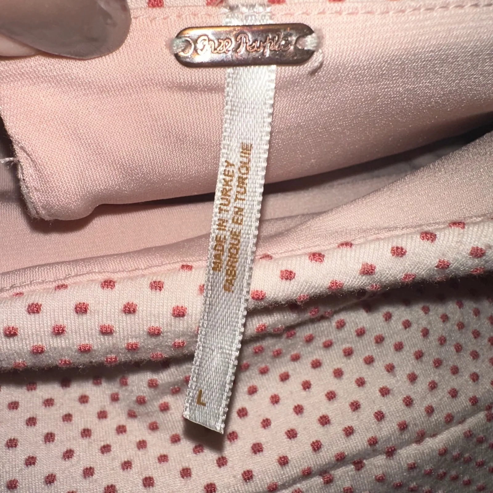 Free People Penelope Mini Dress Pink Polka‎ Dot Puff Sleeve keyhole back size L - Image 4