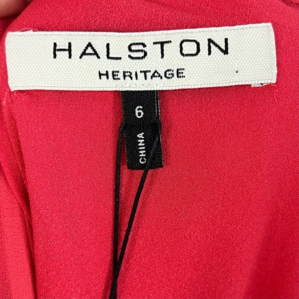 Halston Heritage Coral Crepe Halter Cocktail Dress 6 Gunmetal Gray Ring Belt New - Image 12