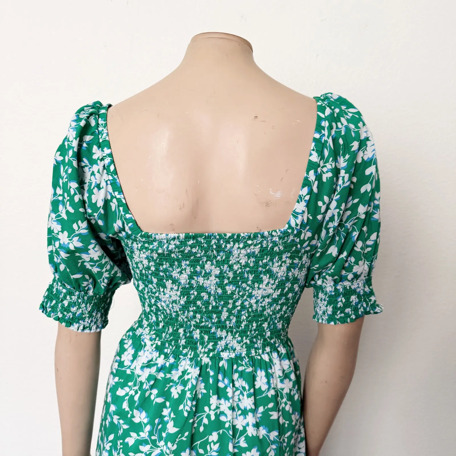 [Draper James] Green Shadow Cam Smocked Floral Puff Sleeve Mini Dress Sz Medium - Image 6
