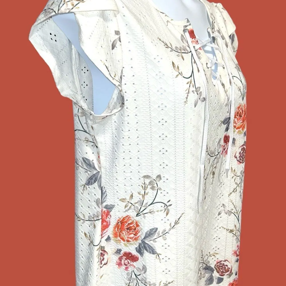Cute white top with orange flower design! Lace up front! Size L - Image 4