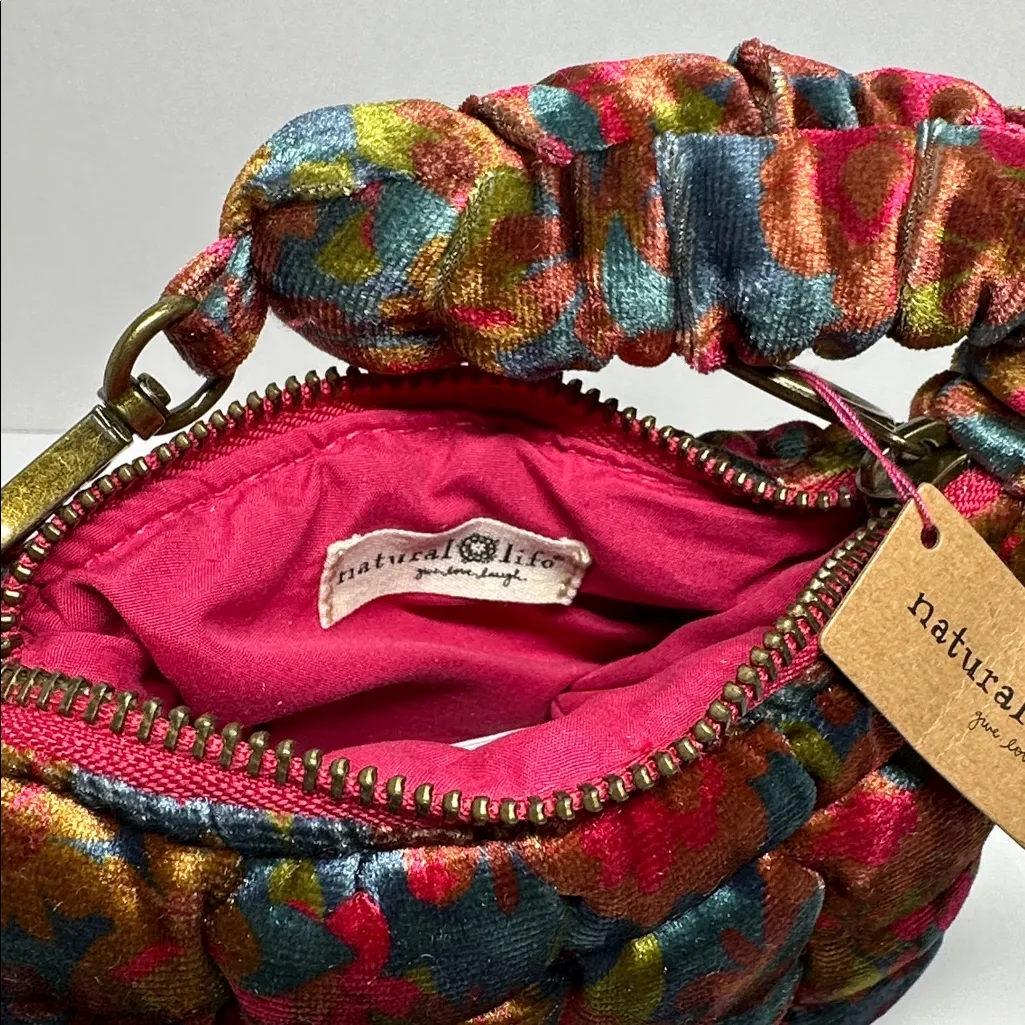 Natural Life Puffy Mini Clip-On Pouch - Teal Pink Floral Velvet - #1051 - Image 3