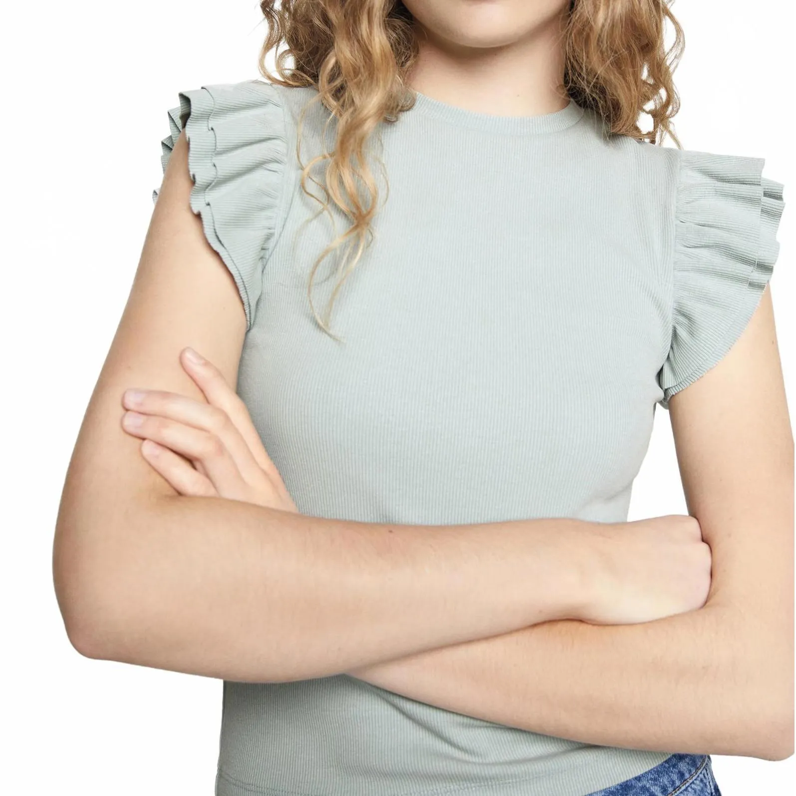 Mango Cotton Short-Sleeved Ruffle T-Shirt Blue NWT Teen's XS - Image 3