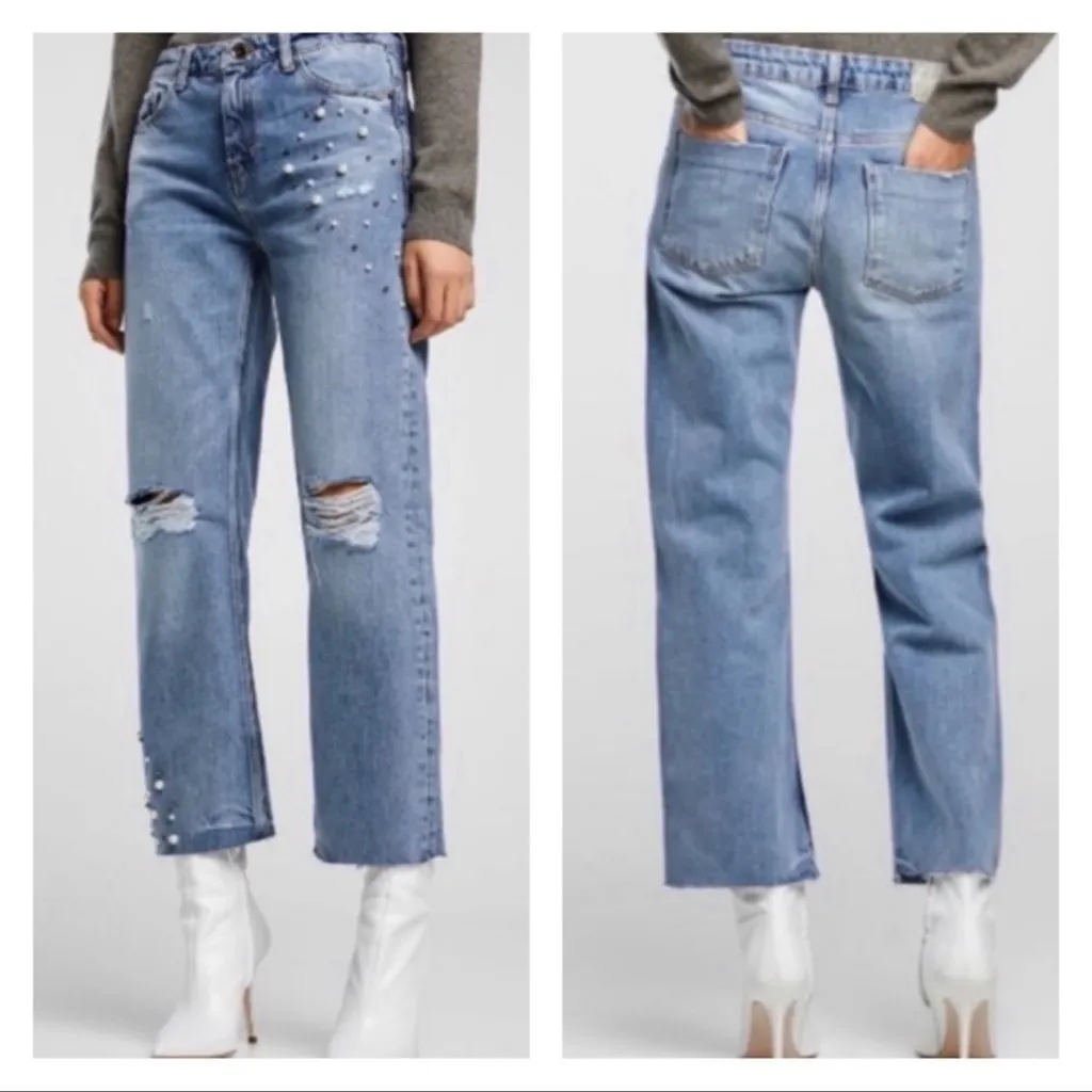 Zara Basic Z1975 Denim Straight Pearl Distressed Embellished Jeans 2 - Image 4