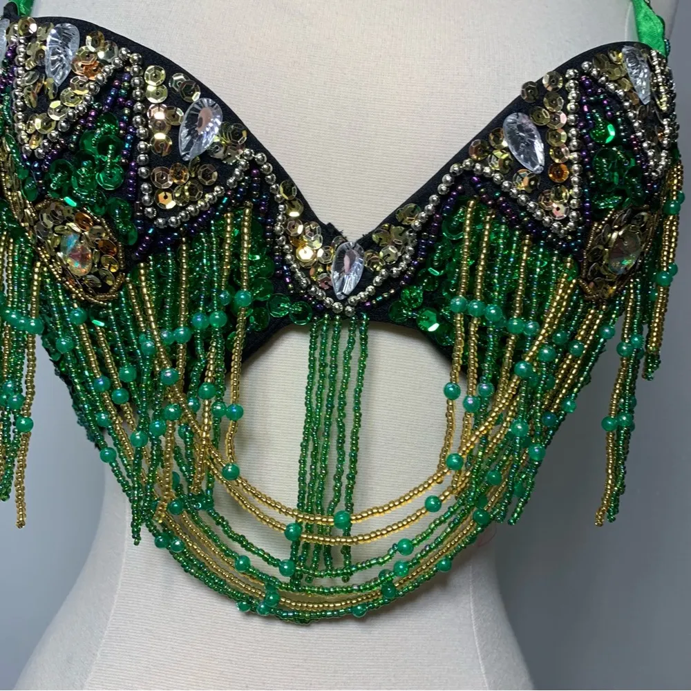 Festival beaded bra size 36C green gold sequins - Image 13