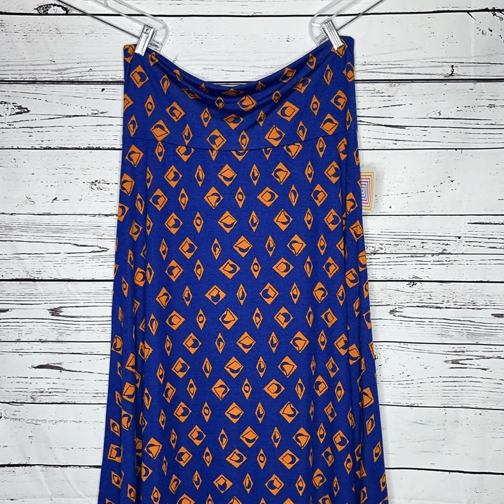 LuLaRoe NWT Size XL Blue & Orange Geometric Print Fold-Over Waist Maxi Skirt - Image 2