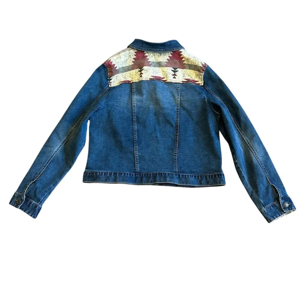 Frye And Co Denim Jean Jacket Southwestern Print Dark Wash Long Sleeve Large Blue - Image 6